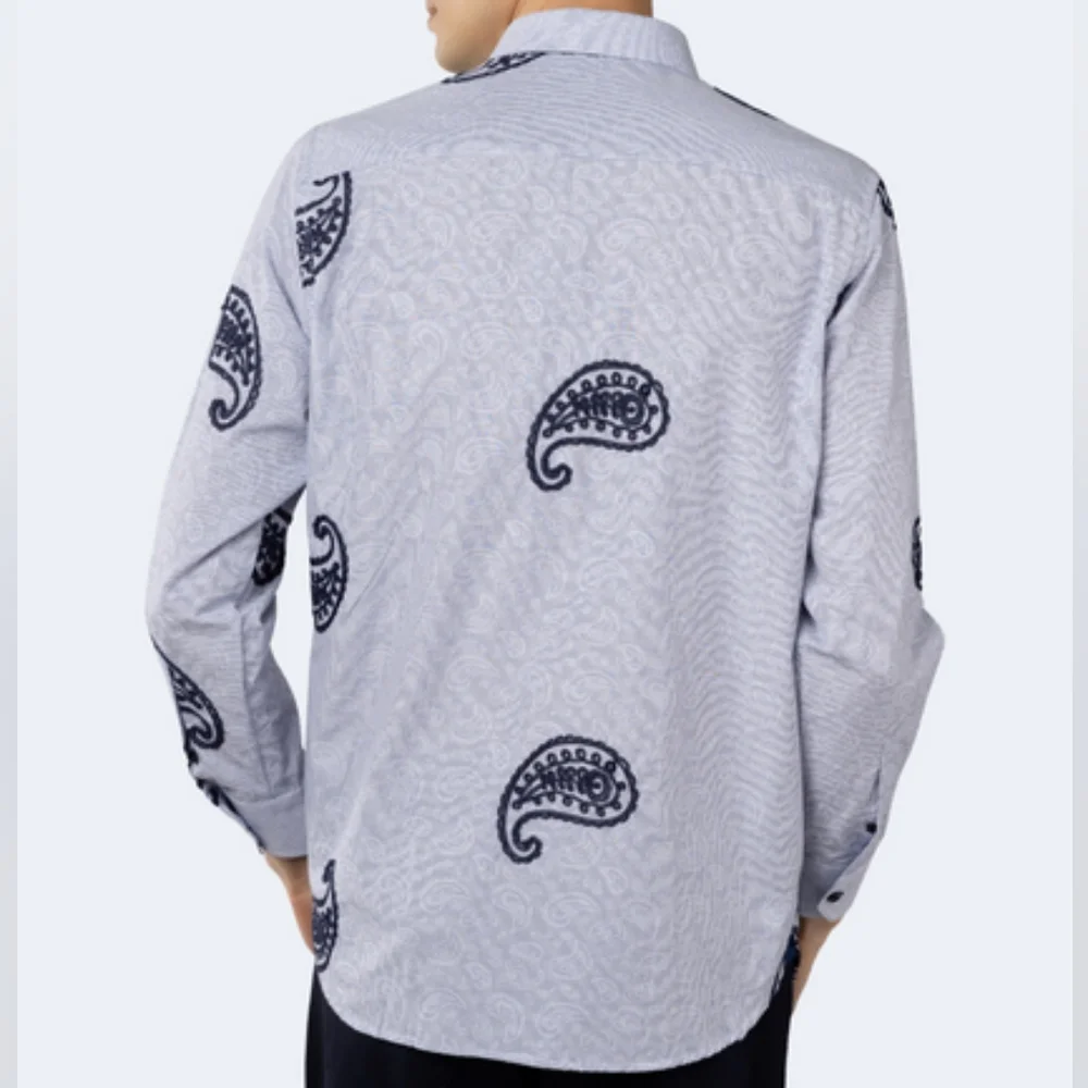 Visconti Men's Blue Stretch Stripe Paisley Long Sleeve Woven Shirt Size L - Picture 4 of 6